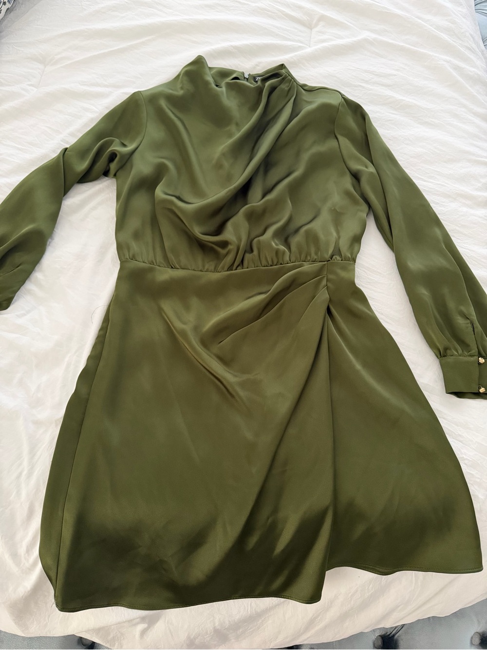 Zara Women's Olive Green Long Sleeve Draped Waist Dress